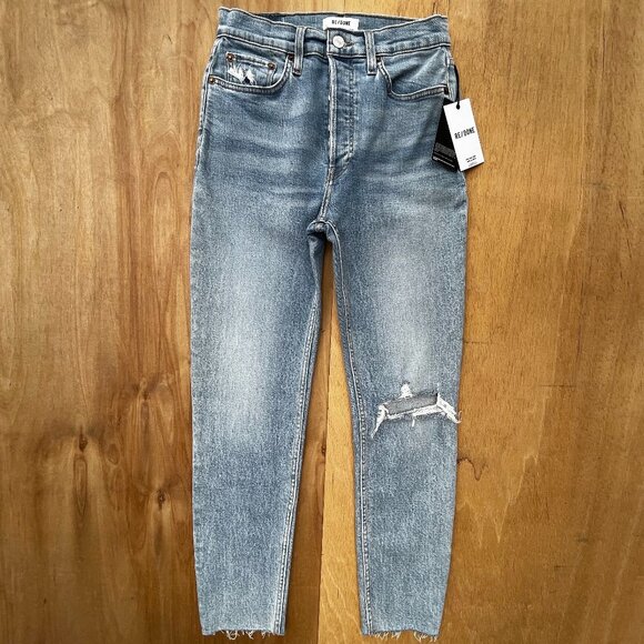 RE/DONE 90s HIGH RISE ANKLE CROP BUTTON FLY JEANS WOMEN’S sz 27 Frayed Hem NWT - Picture 1 of 14